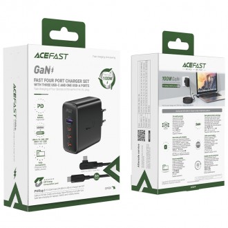Acefast rychlá nabíječka GaN 3xUSB-C/1xUSB-A 100W černá + lomený kabel USB-C - USB-C 100W 2m černý