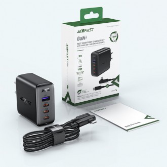 Acefast rychlá nabíječka GaN 3xUSB-C/1xUSB-A 100W černá + lomený kabel USB-C - USB-C 100W 2m černý