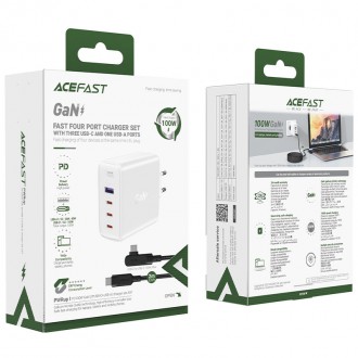 Acefast rychlonabíječka GaN 3xUSB-C/1xUSB-A 100W bílá + lomený kabel USB-C - USB-C 100W 2m bílá