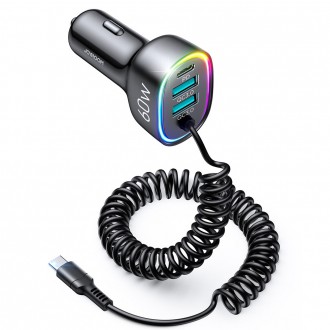 Joyroom 4 in 1 fast car charger PD, QC3.0, AFC, FCP with USB Type C cable 1.6m 60W black (JR-CL19)