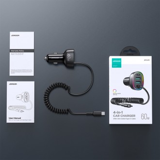 Joyroom 4 in 1 fast car charger PD, QC3.0, AFC, FCP with USB Type C cable 1.6m 60W black (JR-CL19)