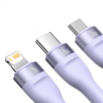 Baseus Flash Series Ⅱ 3v1 rychlý nabíjecí kabel USB-A na USB-C / Micro-USB / Lightning 66 W 480 Mbps 1,2 m fialový