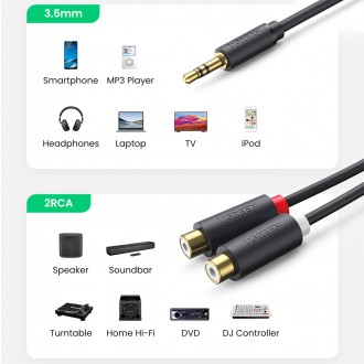 Ugreen audio adaptér jack 3,5mm samec na 2xRCA samice kabel 0,25m šedý (AV109)