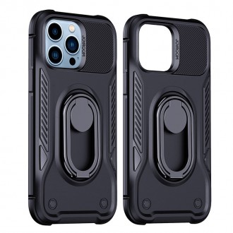 Joyroom Dual Hinge Pancéřové pouzdro iPhone 14 Pro Max se stojánkem a držákem prstenu černé