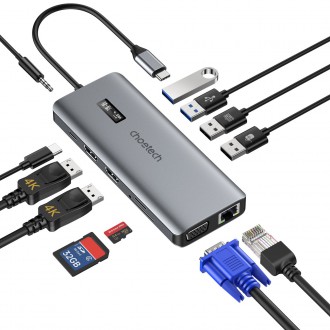Choetech multifunctional HUB with display 12in1 USB-C to USB-C / USB-A / HDMI / VGA / AUX / SD / TF gray (HUB-M26)
