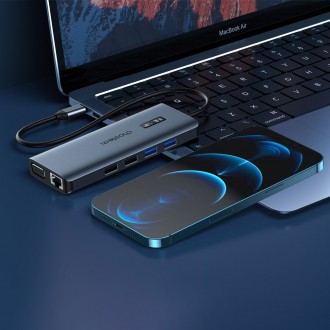 Choetech multifunctional HUB with display 12in1 USB-C to USB-C / USB-A / HDMI / VGA / AUX / SD / TF gray (HUB-M26)