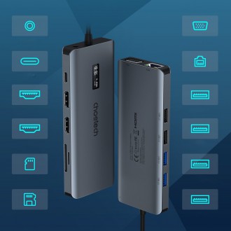 Choetech multifunctional HUB with display 12in1 USB-C to USB-C / USB-A / HDMI / VGA / AUX / SD / TF gray (HUB-M26)