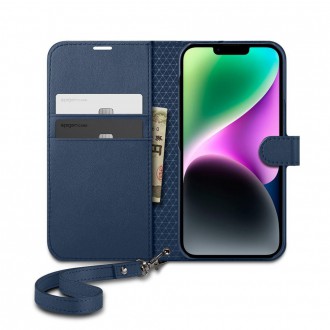 Spigen Wallet S Leather Flip Wallet for iPhone 14 Blue