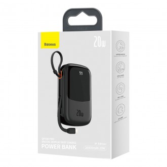 Powerbanka Baseus Qpow Digital Display s rychlým nabíjením 20000mAh 20W QC/PD/SCP/FCP s vestavěným kabelem Lightning černá
