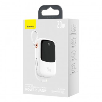 Baseus Qpow Digital Display Power Bank s rychlým nabíjením 20000mAh 20W QC/PD/SCP/FCP s vestavěným Lightning kabelem Bílá