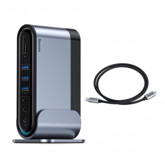 Baseus multifunkční HUB 3x USB 3.2 Gen 1 / 2x USB 2.0 / 2x USB Type C / čtečka karet SD a micro SD / AUX / 3x HDMI / RJ45 1Gbps napájení 100 W (zástrč