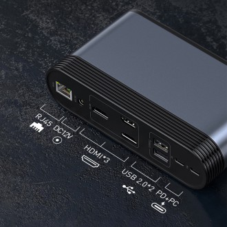 Baseus multifunkční HUB 3x USB 3.2 Gen 1 / 2x USB 2.0 / 2x USB Type C / čtečka karet SD a micro SD / AUX / 3x HDMI / RJ45 1Gbps napájení 100 W (zástrč