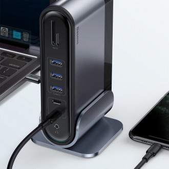 Baseus multifunkční HUB 3x USB 3.2 Gen 1 / 2x USB 2.0 / 2x USB Type C / čtečka karet SD a micro SD / AUX / 3x HDMI / RJ45 1Gbps napájení 100 W (zástrč