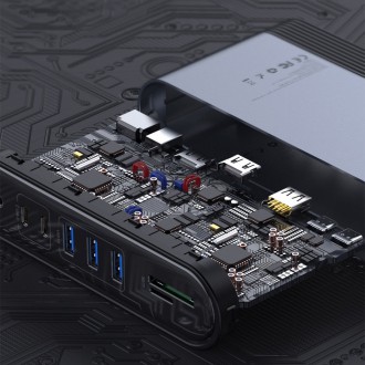 Baseus multifunkční HUB 3x USB 3.2 Gen 1 / 2x USB 2.0 / 2x USB Type C / čtečka karet SD a micro SD / AUX / 3x HDMI / RJ45 1Gbps napájení 100 W (zástrč