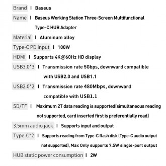 Baseus multifunkční HUB 3x USB 3.2 Gen 1 / 2x USB 2.0 / 2x USB Type C / čtečka karet SD a micro SD / AUX / 3x HDMI / RJ45 1Gbps napájení 100 W (zástrč