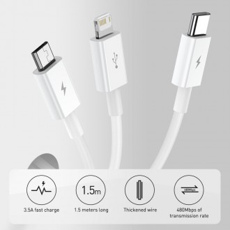 Baseus Superior 3v1 USB kabel - Lightning / USB typu C / micro USB 3,5 A 1,5 m modrý (CAMLTYS-03)