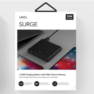 UNIQ Ład. siec. HUB Surge 90W czarny /charcoal black 2xUSB Quick Charge 3.0 + 2xUSB-C PD 3.0 (LITHOS Collective)
