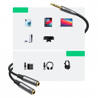 Ugreen AUX splitter for headphones and microphone 1 x male 3.5mm, 2 x female 3.5mm 20cm black (AV192 50254)