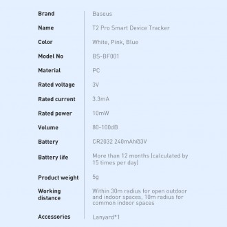 Baseus T2 Pro chytrý GPS tracker na klíče od dětské kabelky bílý (FMTP000002)
