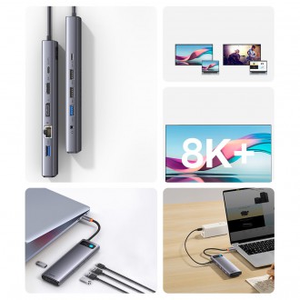 Baseus Metal Gleam multifunkční HUB USB Type C 12in1 HDMI / DP / USB Type C / minijack 3,5 mm / RJ45 / SD (WKWG020213)