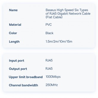 Plochý síťový kabel Baseus Speed Six RJ45 1000Mbps 2m černý (WKJS000101)