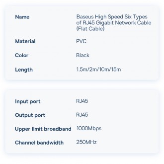 Plochý síťový kabel Baseus Speed Six RJ45 1000Mbps 2m černý (WKJS000101)