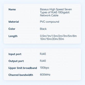 Baseus Speed Seven High Speed RJ45 Network Cable 10Gbps 1m Black (WKJS010101)