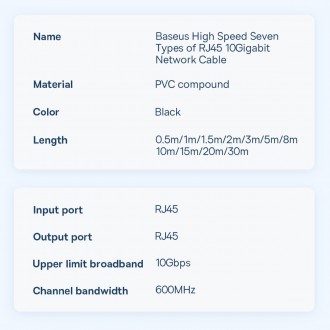 Baseus Speed Seven High Speed RJ45 Network Cable 10Gbps 1m Black (WKJS010101)