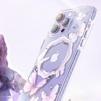 Magnetické pouzdro Kingxbar Butterfly Series pro iPhone 14 MagSafe pouzdro s motýlky růžové