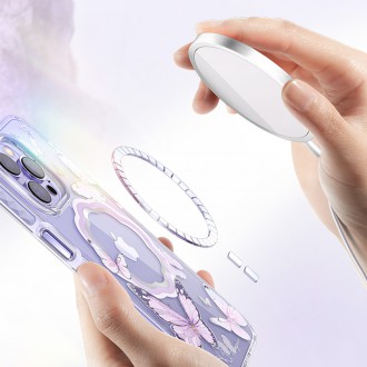 Magnetické pouzdro Kingxbar Butterfly Series pro iPhone 14 Pro Max MagSafe pouzdro s motýlky růžové