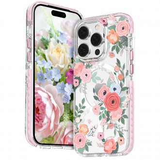 Magnetické pouzdro Kingxbar Flora Series pro iPhone 14 MagSafe zdobené potiskem květů růže