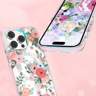 Magnetické pouzdro Kingxbar Flora Series pro iPhone 14 MagSafe zdobené potiskem květů růže