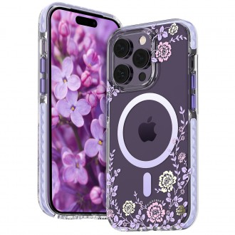 Magnetické pouzdro Kingxbar Flora Series pro iPhone 14 Plus MagSafe zdobené potiskem květů pivoňky