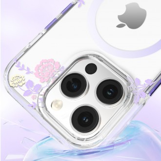 Magnetické pouzdro Kingxbar Flora Series pro iPhone 14 Plus MagSafe zdobené potiskem květů pivoňky