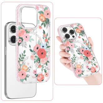 Magnetické pouzdro Kingxbar Flora Series pro iPhone 14 Plus MagSafe zdobené potiskem květů růže