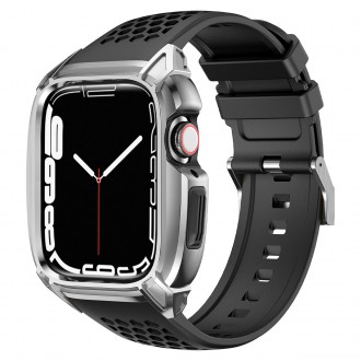 Kingxbar CYF148 2v1 odolné pouzdro pro Apple Watch SE, 6, 5, 4 (44 mm) z nerezové oceli se stříbrným řemínkem