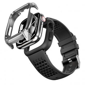 Kingxbar CYF148 2v1 odolné pouzdro pro Apple Watch SE, 6, 5, 4 (44 mm) z nerezové oceli se stříbrným řemínkem