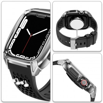 Kingxbar CYF148 2v1 odolné pouzdro pro Apple Watch SE, 6, 5, 4 (44 mm) z nerezové oceli se stříbrným řemínkem