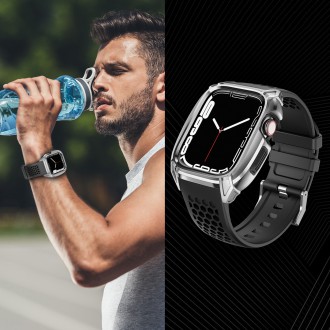 Kingxbar CYF148 2v1 odolné pouzdro pro Apple Watch SE, 6, 5, 4 (44 mm) z nerezové oceli se stříbrným řemínkem