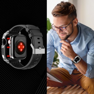Kingxbar CYF148 2v1 odolné pouzdro pro Apple Watch SE, 6, 5, 4 (44 mm) z nerezové oceli se stříbrným řemínkem