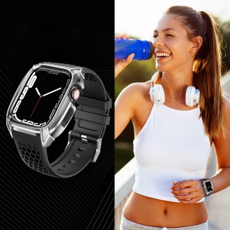Kingxbar CYF148 2v1 odolné pouzdro pro Apple Watch SE, 6, 5, 4 (44 mm) z nerezové oceli se stříbrným řemínkem