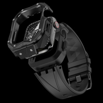 Kingxbar CYF140 2v1 odolné pouzdro pro Apple Watch SE, 6, 5, 4 (44 mm) z nerezové oceli se stříbrným řemínkem