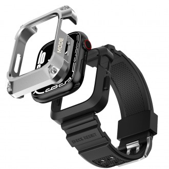 Kingxbar CYF134 2v1 odolné pouzdro pro Apple Watch SE, 6, 5, 4 (44 mm) z nerezové oceli se stříbrným řemínkem