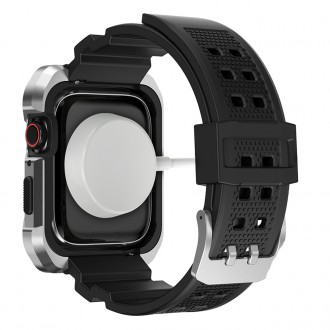 Kingxbar CYF134 2v1 odolné pouzdro pro Apple Watch SE, 6, 5, 4 (44 mm) z nerezové oceli se stříbrným řemínkem