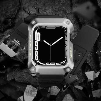 Kingxbar CYF134 2v1 odolné pouzdro pro Apple Watch SE, 6, 5, 4 (44 mm) z nerezové oceli se stříbrným řemínkem