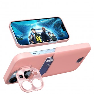 Kožené pouzdro Stand Case pro iPhone 14 krycí peněženka na karty se stojánkem růžové