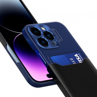 Kožený Stand Case pro iPhone 14 krycí peněženka na karty se stojánkem modrá