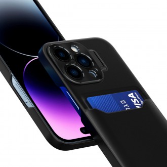 Kožené pouzdro Stand Case pro iPhone 14 krycí peněženka na karty se stojánkem černá