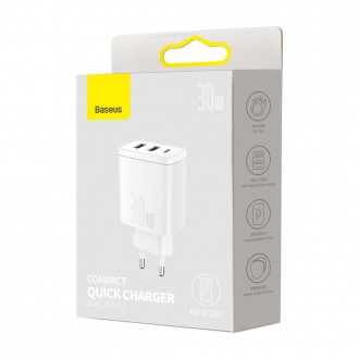 Baseus Kompaktní rychlá nabíječka 2x USB / USB Typ C 30W 3A Power Delivery Quick Charge bílá (CCXJ-E02)