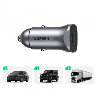 Ugreen rychlá nabíječka do auta USB-A / USB-C 30W PD PPS šedá (CD130)